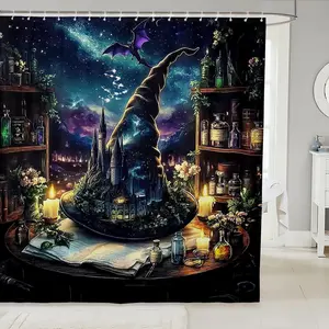Halloween Shower Curtain,Witch Hat Bathroom Curtain, Magical Castle Bathroom Accessories for Kids Adults,Galaxy Starry Sky Shower Decor