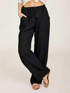 Women's Lightweight Loose Cotton Linen Casual Everyday Straight Leg Wide Leg Pants, Drawstring Loose Fit, Drawstring Waist Trousers, Adjustable Elastic Waist Design, Pockets, Comfortable and Stylish
