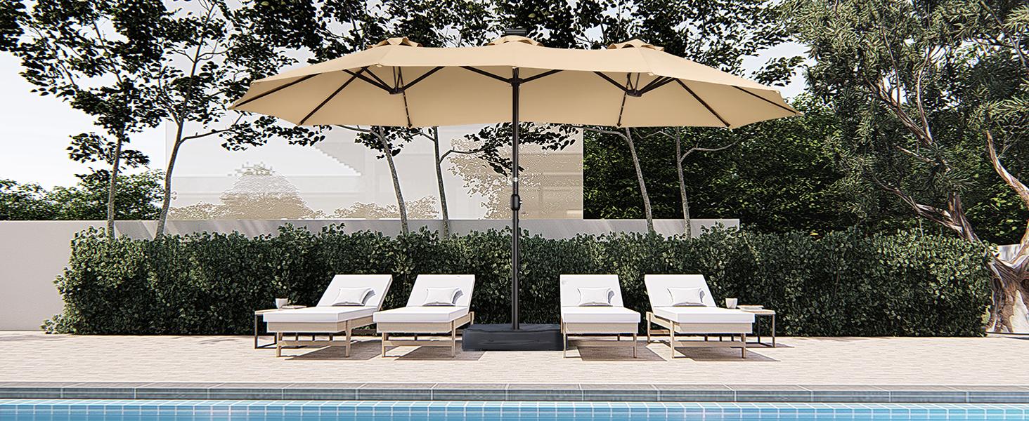 【Oversized】13FT/15FT Large Patio Umbrellas with Base Included, Outdoor Double-Sided Rectangle Market Umbrella with Crank Handle, Oversized Umbrella for Deck, Pool, Backyard Beige Heavy Duty Canopy Uv Resistant Canopy Sunshade Canopy