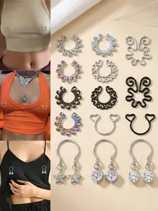 1 Pair Fake Nipple Piercing, Adjustable No-Pierced Nipple Rings, Floral Print Chain, Heart Design Chain, Non Piercing Body Jewelry for Women, Mysterious and Sexy Style