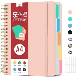 Hardcover Spiral Journal Notebooks for Work With Removable Dividers & Tabs, 8.5"x11" 5 Subject Notebook for Note Taking & Organizer, A4 College Ruled Lined Journal for Women & Writing, Pink, 280 Pages