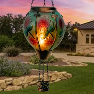 Livfineseason Solar Hot Air Balloon Flickering Flame Hanging Garden Light, Outdoor Waterproof Flame Effect Glass Solar Hot Air Balloon with Simulated Flame Lantern Gifts for Mom Balcony Yard Décor