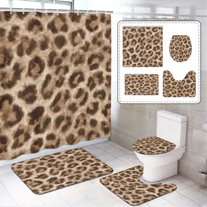 Leopard Print Shower Curtain Set, Includes 12 Hooks, Bath Mat, U-Shaped Floor Mat, Toilet Seat Cover, Bathroom Decor, Home Accessories