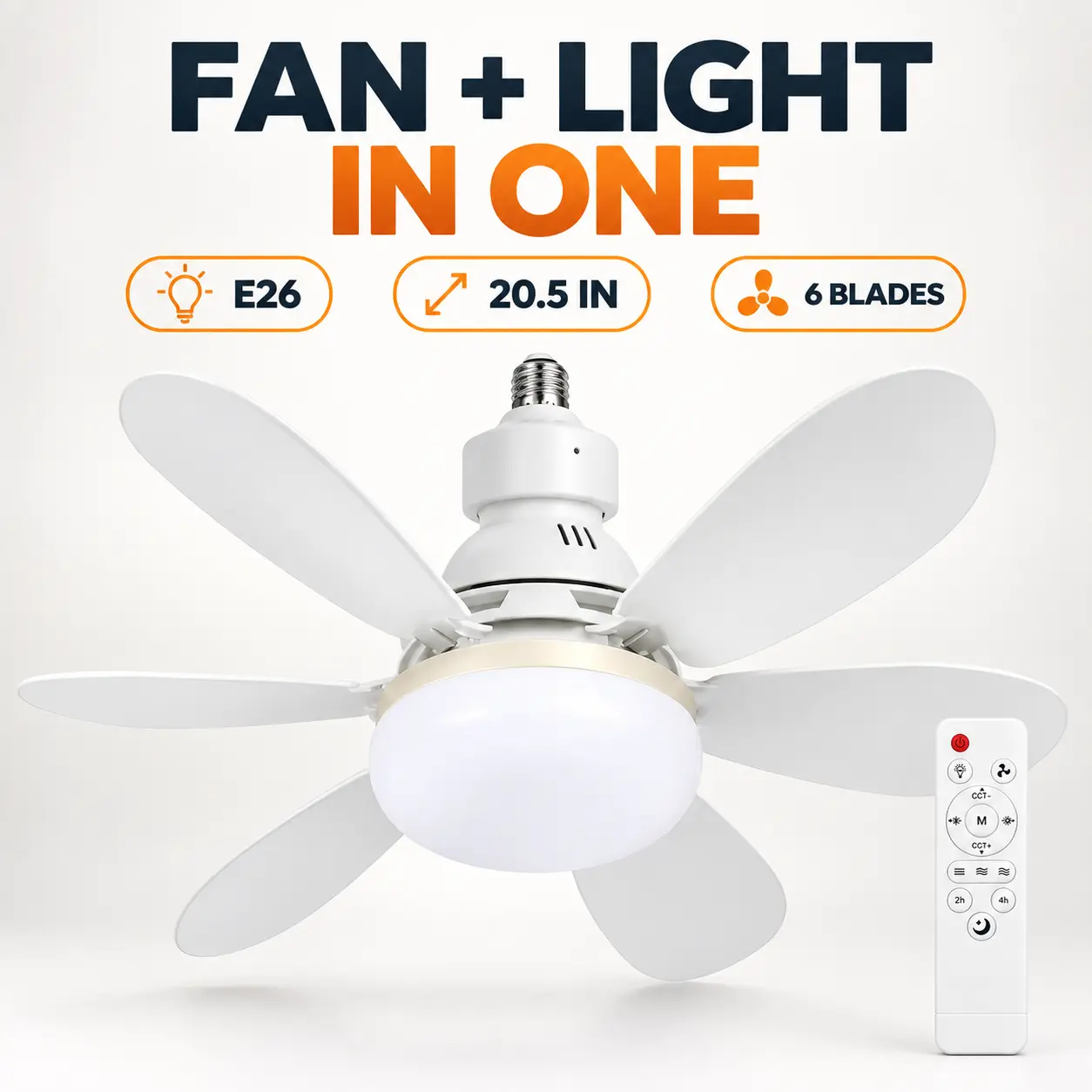 20.5-Inch Ceiling Fan Light with Remote Control, E26/E27 Screw-In Fan Light, 6-Blade 3-Speed Fan, Dimmable LED with Adjustable Brightness, Easy Install for Bedroom, Living Room & Kitchen