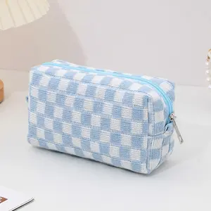 Blue/Pink Checkered Knit Makeup Bag - Cute Cosmetic Pouch for Everyday Essentials toiletry travel portable brush bag