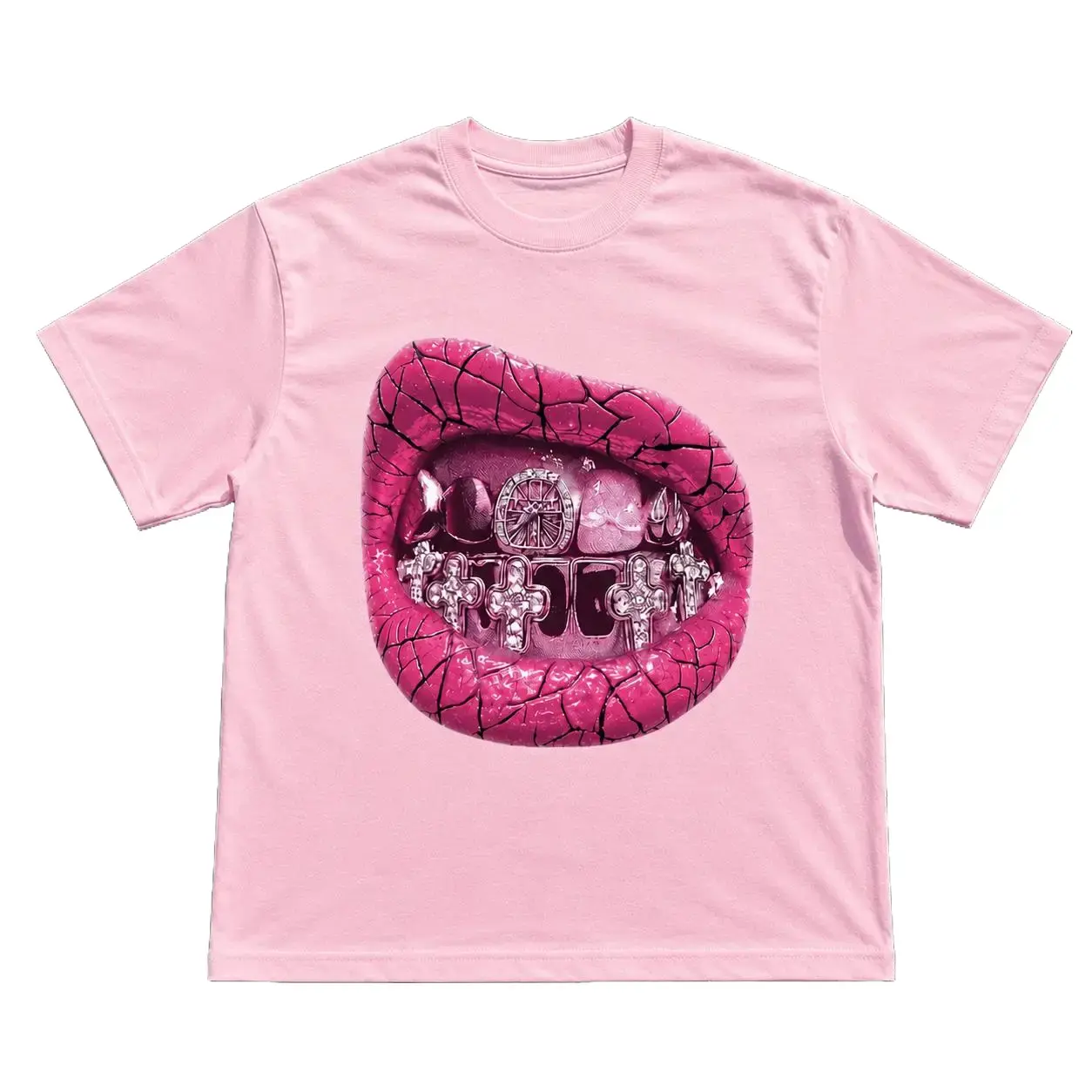 Y2K Pink Grillz Lips Graphic Tee, Retro Sparkling Diamond Mouth T-Shirt, Hip Hop Bling Streetwear Shirt, 2000s Aesthetic Unisex Top, Trendy Casual Graphic Tee, Gift for Hip Hop & Y2K Fans