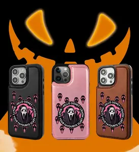 Halloween  Fantasy Unique Creative  Vintage Scary Ghost Pattern  Holder Wallet Aesthetic Pattern Black Casing For iphone 16 15 14 13 12 PRO PLUS MAX PU Leather Stylish Gift Shockproof Protection Anti-Drop Protective Protector Phone Cases Shell Cover
