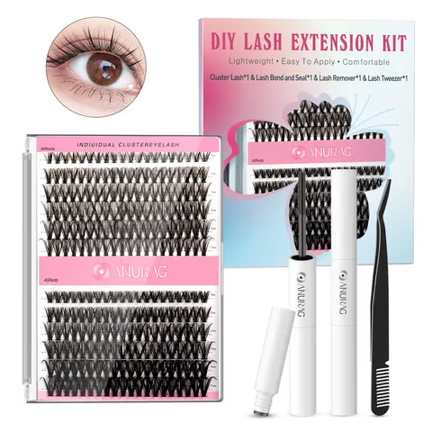 Women's Professional Black DIY Eyelash Extension Set - 240 Thick Durable D Curl Eyelash Clusters, 30D-40D Lashes, Bonding Sealant, Remover, Applicator, Cosmetic Accessories, Daily Use, Christmas Gift, Saves Salon Visits