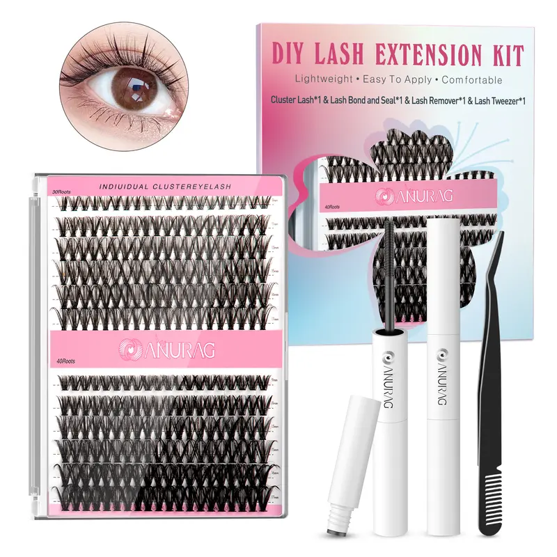 Women's Professional Black DIY Eyelash Extension Set - 240 Thick Durable D Curl Eyelash Clusters, 30D-40D Lashes, Bonding Sealant, Remover, Applicator, Cosmetic Accessories, Daily Use, Christmas Gift, Saves Salon Visits
