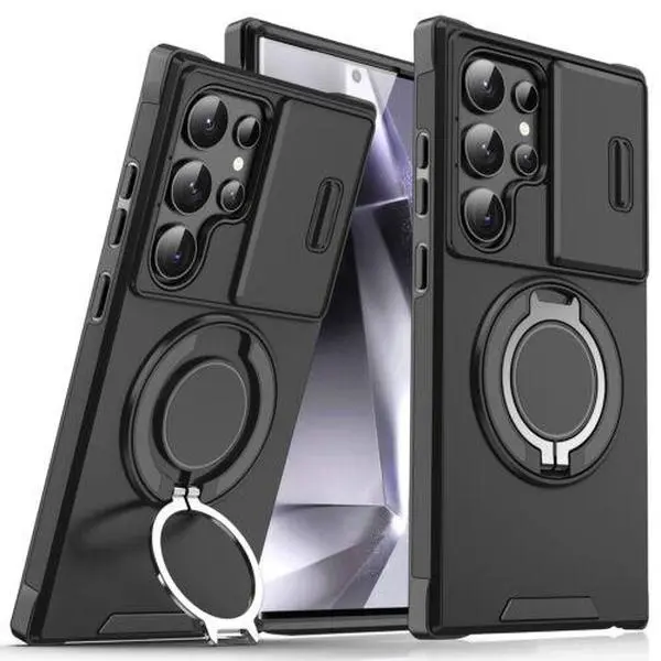 Slide Camera Lens Protector Case For Samsung Galaxy S26 S25 S24 Ultra Plus S23 S22 Ultra Magnetic Kickstand TPU+PC Shockproof Ring Holder Cover