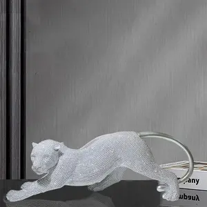 Leopard Statue Handcrafted Silver Cheetah Statue Home Decor Intricate Beaded Design for Living Room, Office, or Gift - Elegant and Unique Decorative Sculpture Ornaments