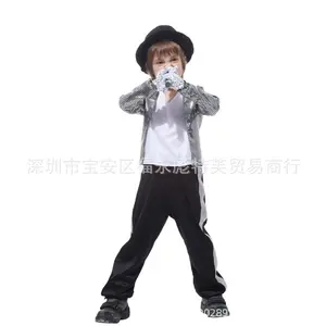 Boys 80s Michael Jackson Cosplay Hip Hop Stage Outfits Matching Hat Gloves Colorblock Letter Design Halloween Dress Up