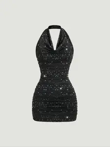 Women's New Fashion Comfortable Knitted Halter V-Neck Backless Slimming Waist Fitted Bodycon Dress, Perfect for Parties, Dates, Casual