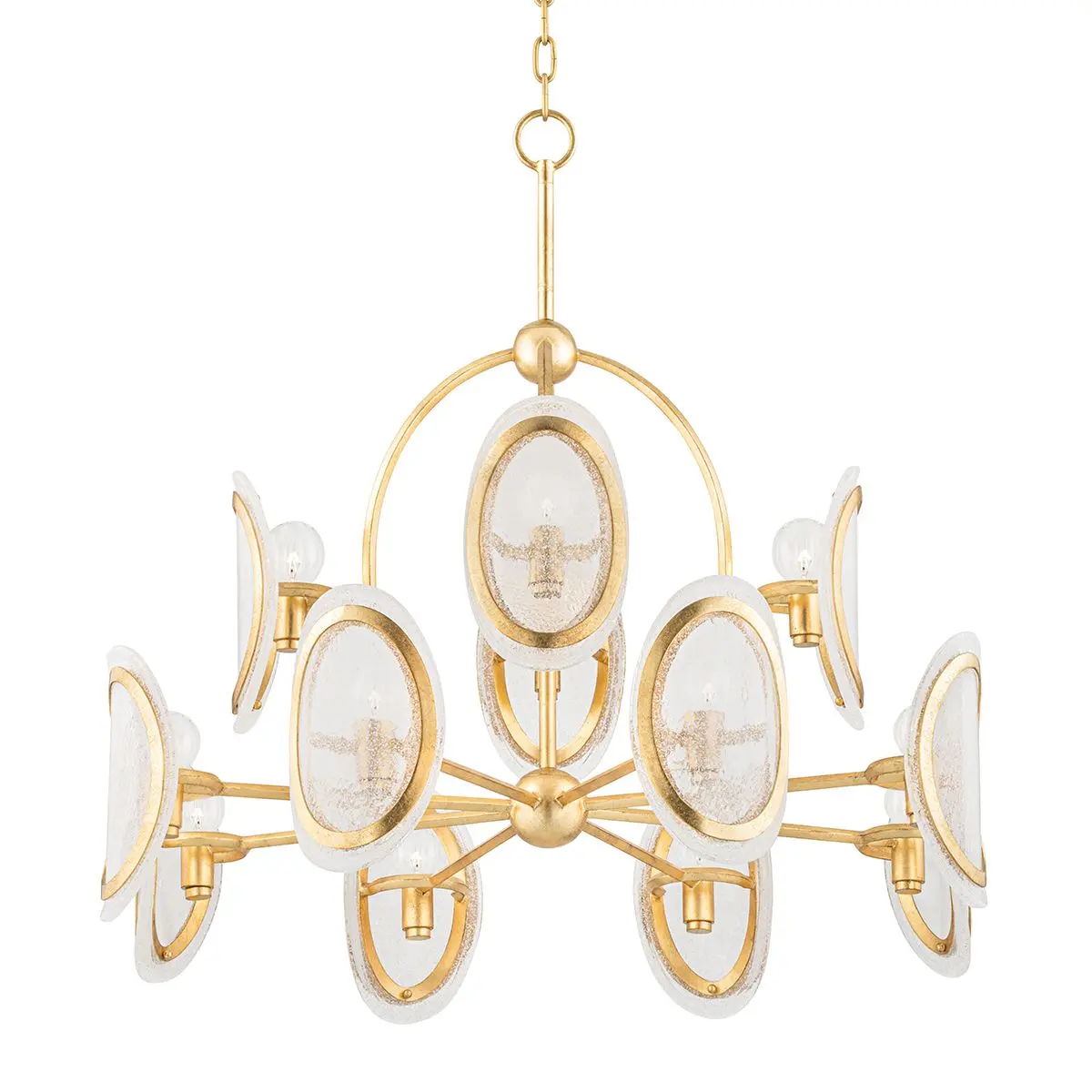 Danes Chandelier - 12 Light Contemporary Design with Clear Bubbled Glass and Vintage Gold Leaf Finish