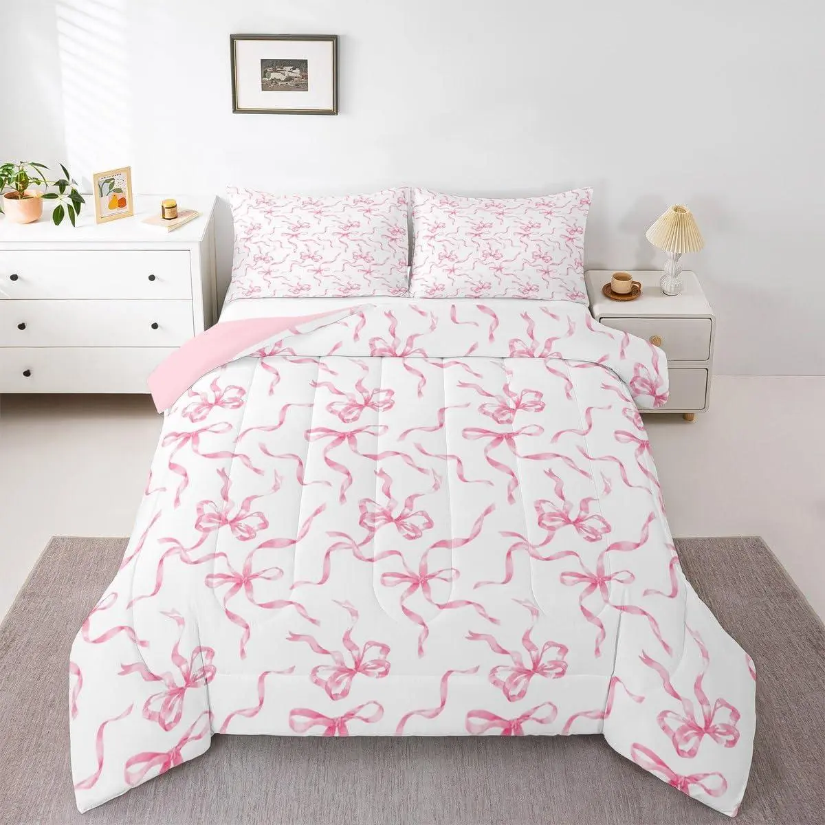 Princess Bow Comforter Set,Coquette Bowknot Bedding Set for Kids Girls Boys Girly Coquette Aesthetic Comforter Pink Kawaii Ribbon Quilt Fantasy Tie Bedroom Decor