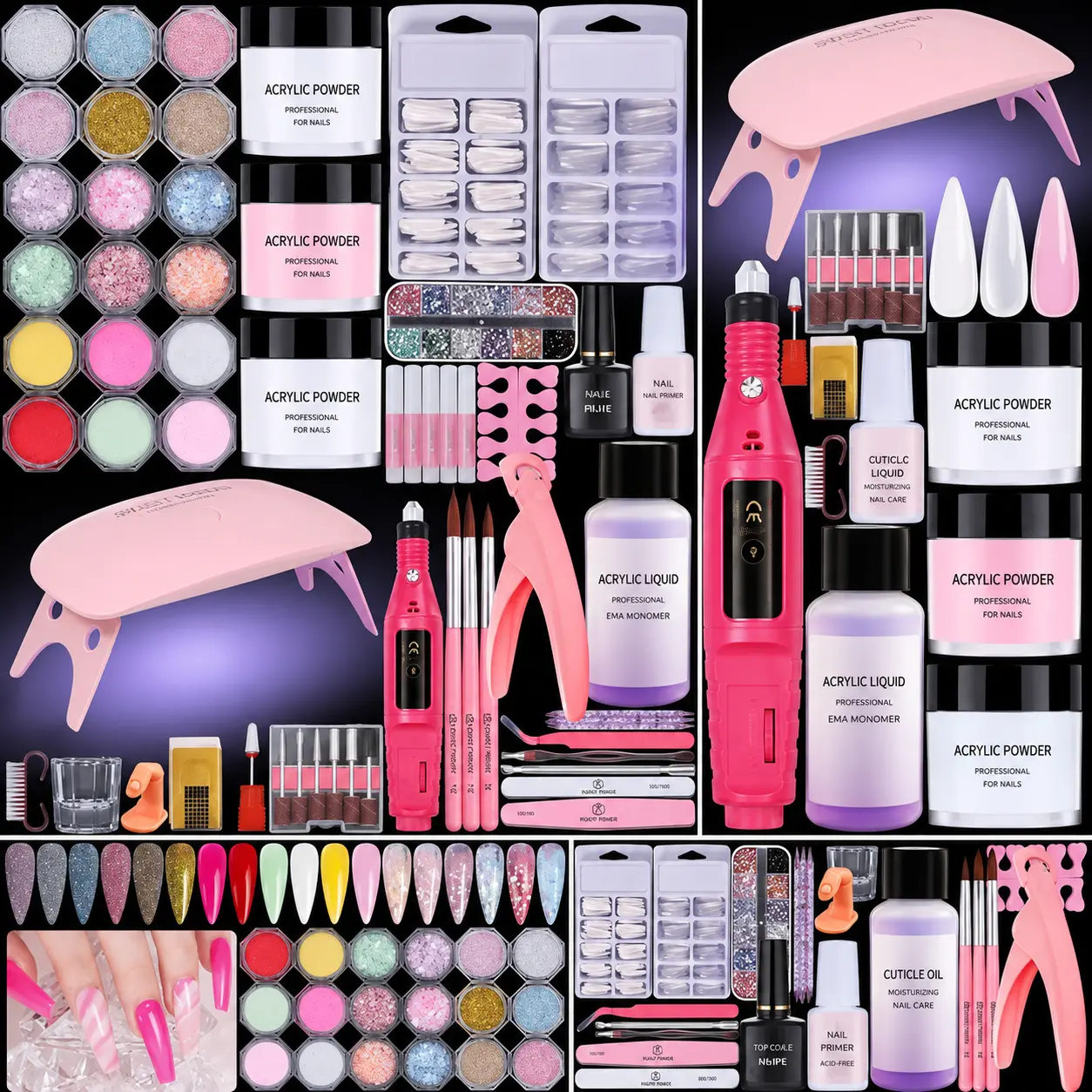Acrylic Nail Starter Kit for Beginners - Professional Dip Manicure Set with UV Light, Nail Drill, Acrylic Liquid, Tools & Decorations for Home Salon Use