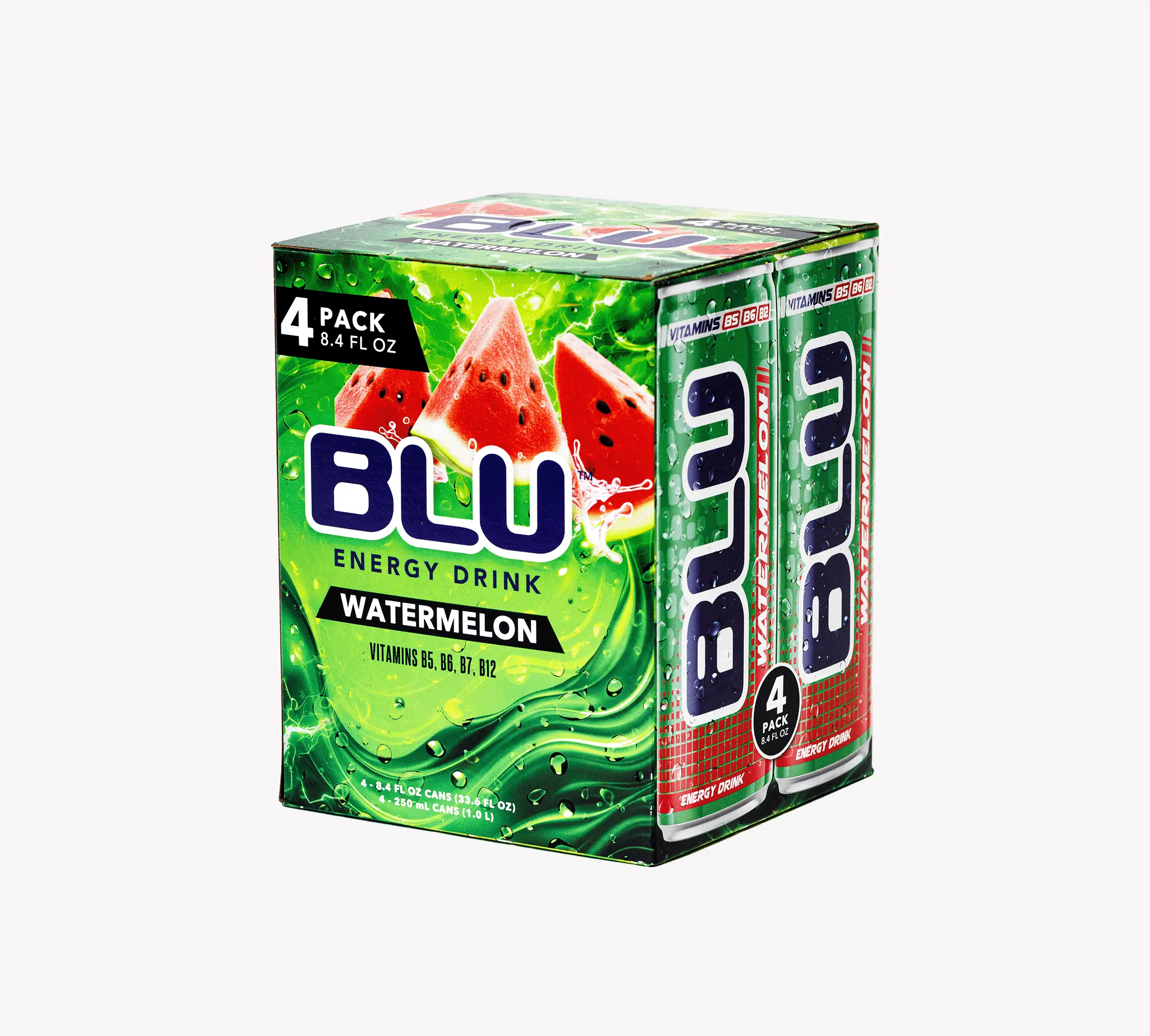 BLU Watermelon 4-Pack Energy Drink - Smooth Refreshing with B Vitamins B3 B6 B12 for Focus & Energy - 8.4 fl oz - Clean Energy Beverage