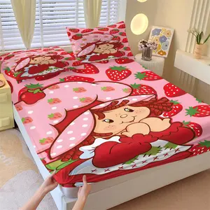 Strawberry Sweetheart Cartoon Fitted Sheet Set & 2 Pillowcases No Core, Pink Base Color, Red Strawberry, Green Leaf & Cute Cartoon Girl, Soft Anti-Wrinkle Washable, Fresh Fruit Bedroom Decor Gift Choice