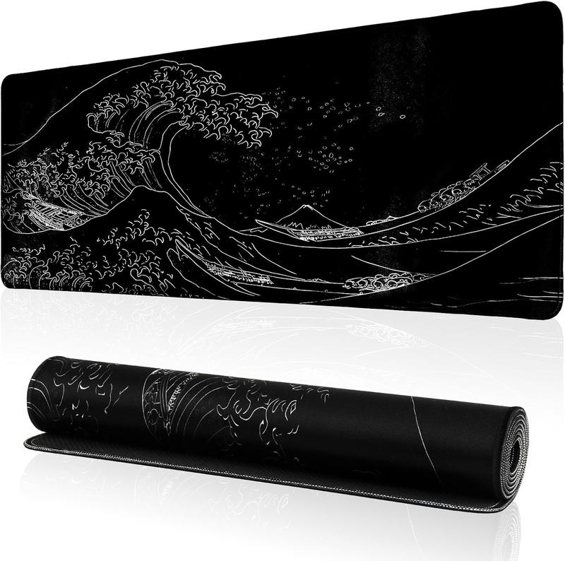 Japanese Sea Wave Gaming Mouse Pad, Anime Gaming Mousepad, Extended Kanagawa Mat Desk Mat, Large Desk pad 31.5x11.8 Inch 2mm Thick Long Non-Slip Rubber Base Mouse Pads (Black)