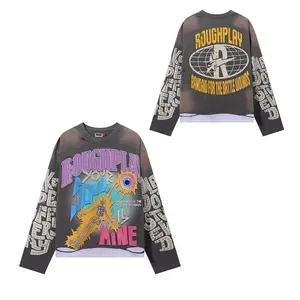 Men's High Stret New RoughPlay Long-Sleeve T-shirt Letter Foaming Print Slime Skull Washed Black Cotton Tops ROUGH PLAY Top Tee