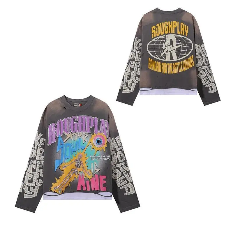 Men's Vintage Streetwear Long-Sleeve T-Shirt, Ripped Patchwork Round Neck Tee with Studded Details, Menswear, Tshirt