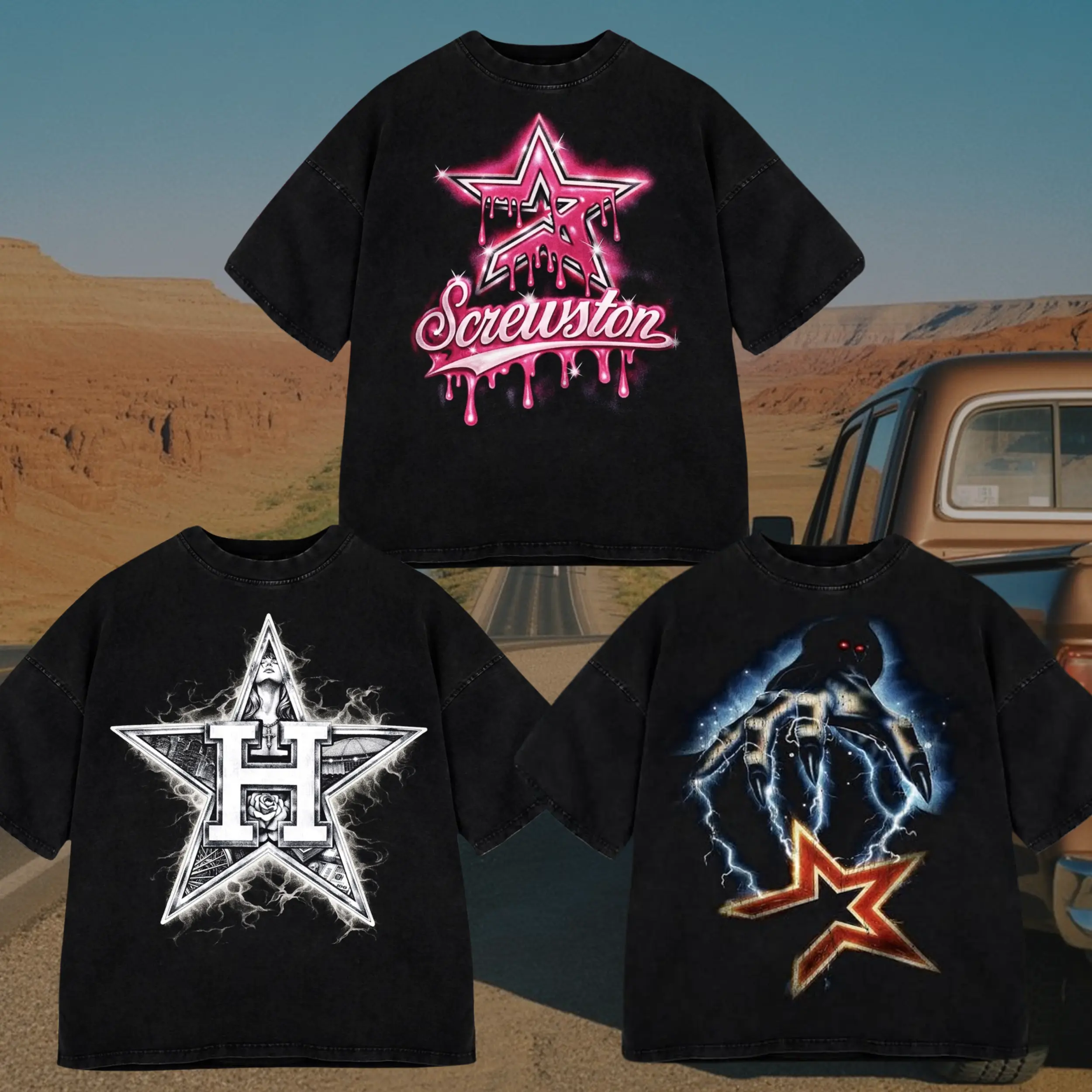 Aesthetic Houston Star Graphic T-Shirt, Edgy H-Town Streetwear, Oversized Pepper Washed Tee, Trendy Texas Urban Apparel, Unisex Retro Washed Top Streetwear