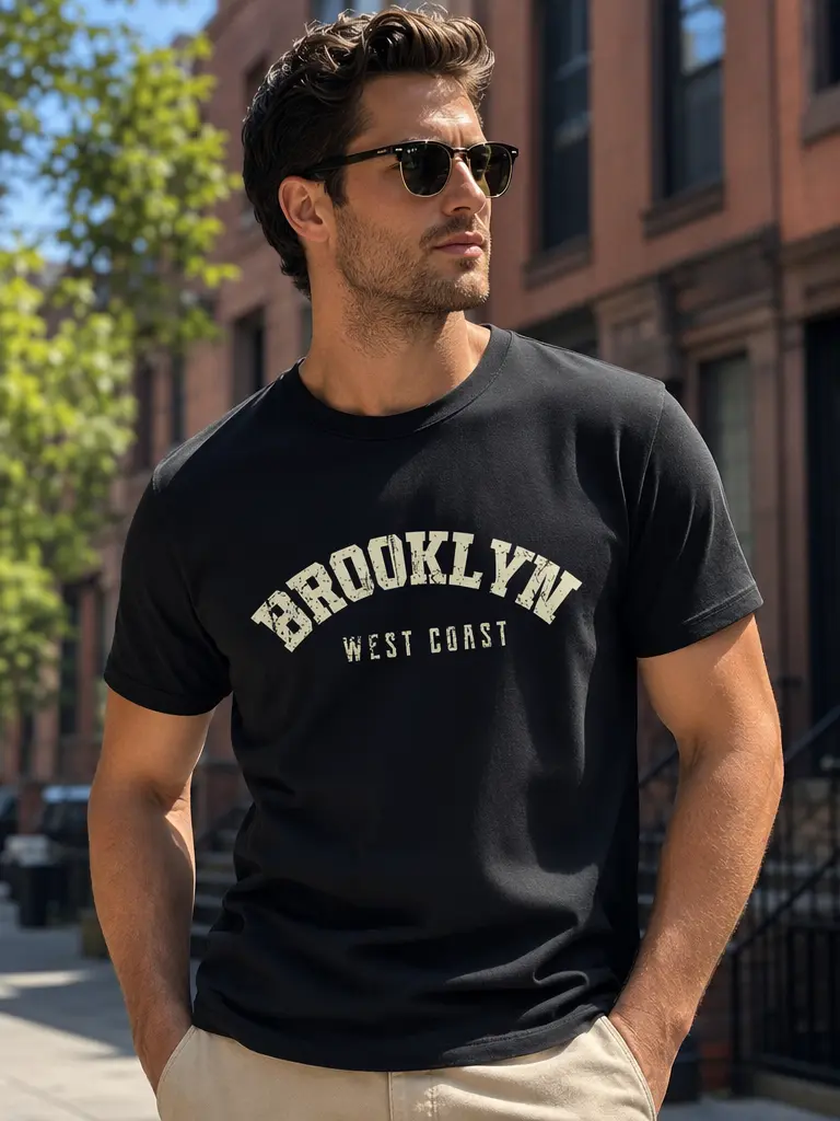 Men's Black Short-Sleeve Round Neck T-Shirt - Brooklyn West Coast Classic Retro Distressed Varsity Letter Text Casual Menswear Top, Shortsleeve, Tshirt