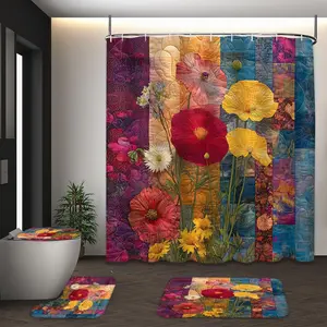 LVRLVR 4Pcs Poppy Flower Quilt Patchwork Print Boho Cottagecore Multi-Color Shower Curtain Set 70.8×70.8 Inch