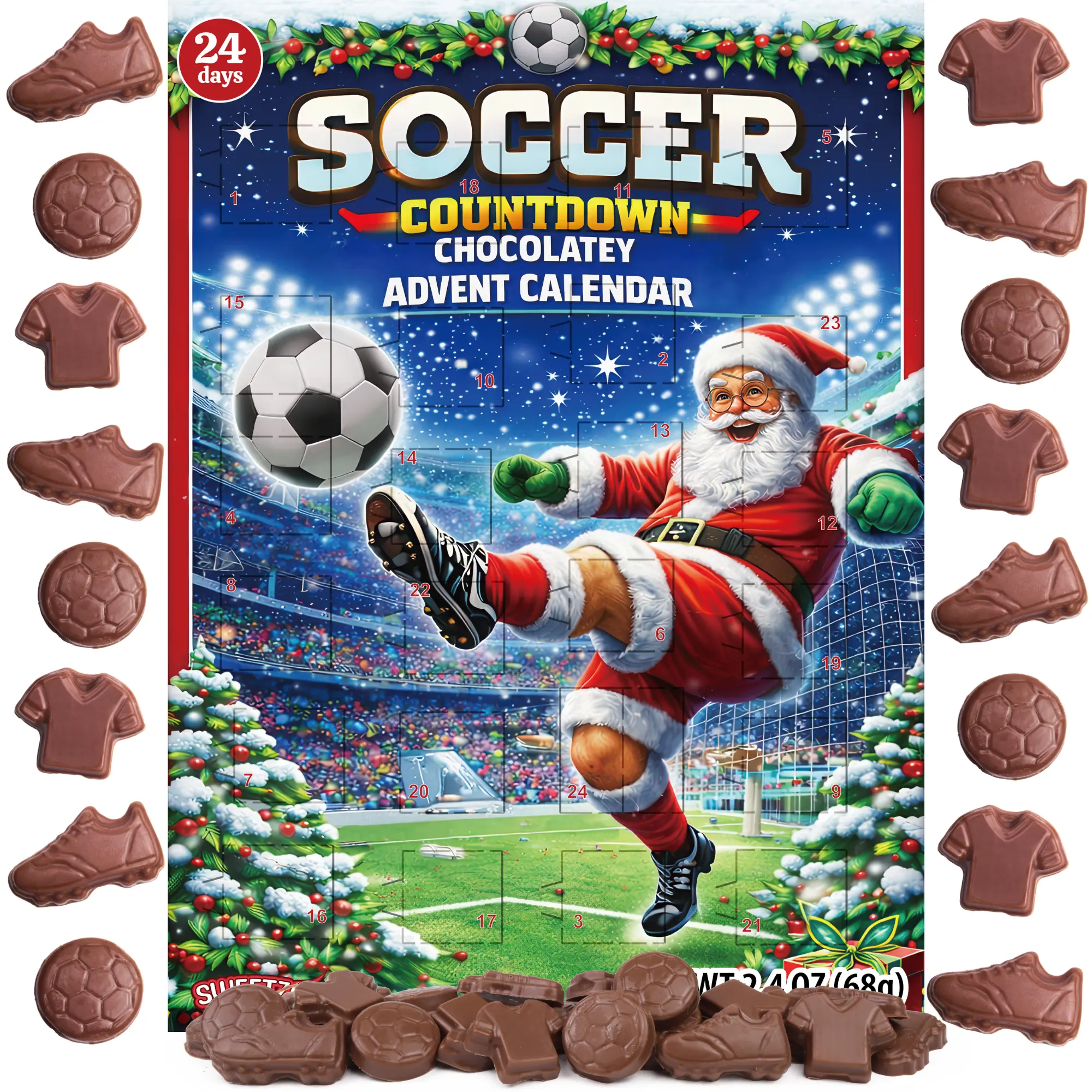 Christmas Soccer Candy Advent Calendar, 24 Chocolatey Candies Inside, Holiday Sports Activity, 2.4 Ounces