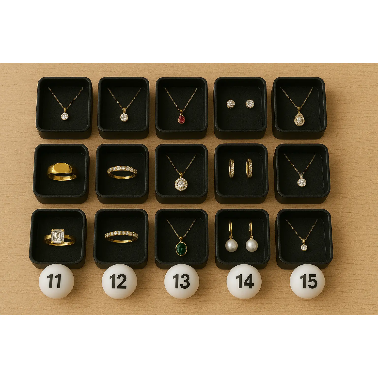 15 Ball & Bin Mystery Jewelry Pull - Order 3 5 9 12 15 or 20 Mystery Balls for Numbered Bins Containing Jewelry Hair or Keychain Items