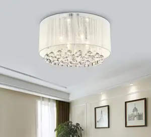 LED- MATE-4-Light Chrome Flush Mount with White Threaded Drum Shade and Clear Glass Hanging Crystals