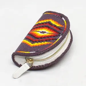 Hand Beaded Native American Inspired Ethnic Style Seed Bead Coin Purse - Purple Orange