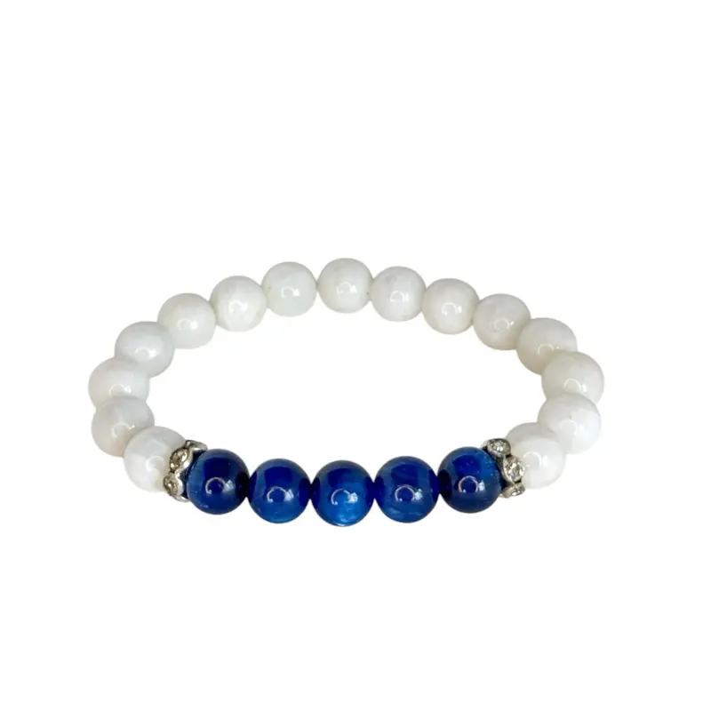 Blue Kyanite & Moonstone Divine Expression Gemstone Bracelet - Beaded Design with Blue Kyanite and White Moonstone Beads