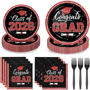 Graduation Plates and Napkins 2026 Serves 50, Red and Black Graduation Decorations, Congrats Grad Plates, Napkins and Forks Set, Disposable Tableware for Congrats Grad Party Decorations Class of 2026