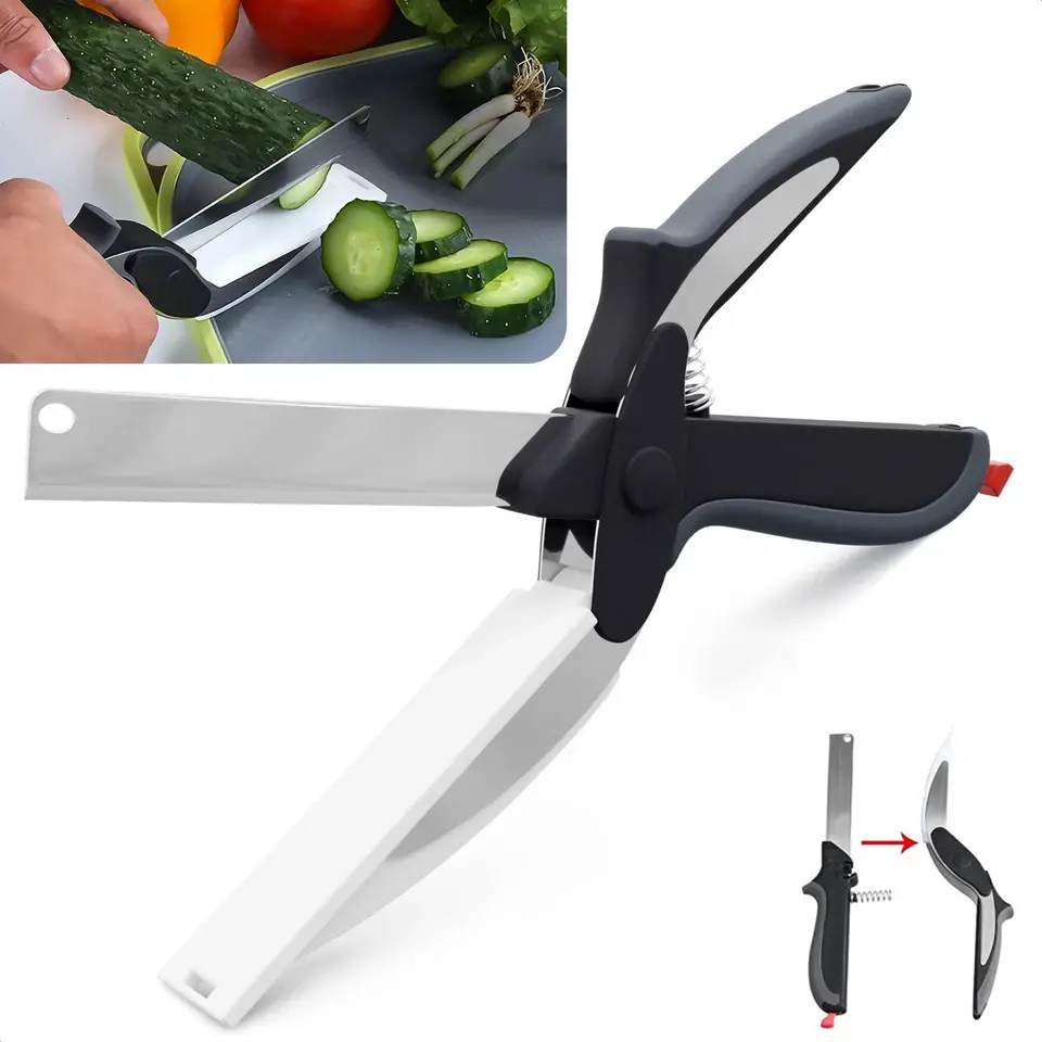 9.6 Inches 2-in-1 Compact Size Plastic Kitchen Scissors with Cutting Board Combo - 1pcs, Sharp Stainless Steel Blade, Safety Lock, Dishwasher Safe for Cooking, Slicing Vegetables