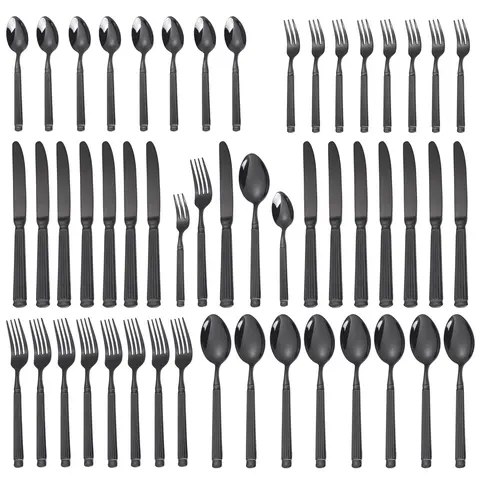 【Summer Sale】8-Person 40-Piece Stylish Ribbed Black Stainless Steel Tableware Set, Mirror-Polished Utensils (Forks, Spoons, Knives), Heavy-Duty Dishwasher-Safe Cutlery for Home, Parties-Dining, Chic Dinner Sets with Daily Elegance