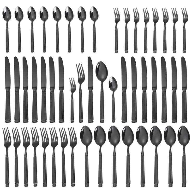 【Summer Sale】8-Person 40-Piece Stylish Ribbed Black Stainless Steel Tableware Set, Mirror-Polished Utensils (Forks, Spoons, Knives), Heavy-Duty Dishwasher-Safe Cutlery for Home, Parties-Dining, Chic Dinner Sets with Daily Elegance