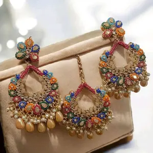 Nauratan Earnings with Tikaa Multi-Colored Earnings Traditional Pakistani Jewelry Earrings for Weddings