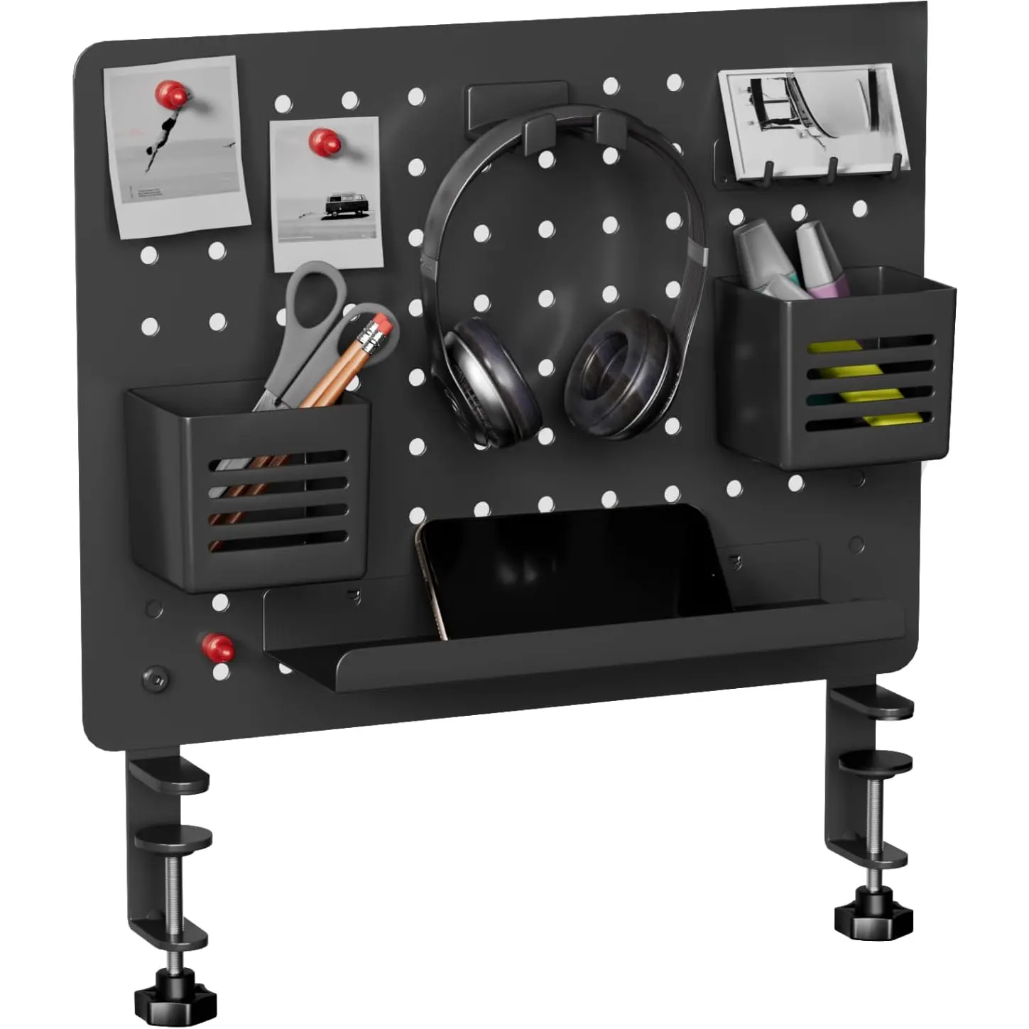 Clamp-Mount Desk Pegboard Organizer with Hooks, Storage Shelf & 10 Accessories - 16.5"x12.6" Medium Black Synthetic Metal Panel, Screws Included, Indoor Use, Holes Spaced Design, Easy Installation
