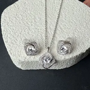 Sterling Silver CZ Spiral Pendant Necklace & Stud Earrings Set | Fashion Jewelry for Women | Wedding Bridal Gift