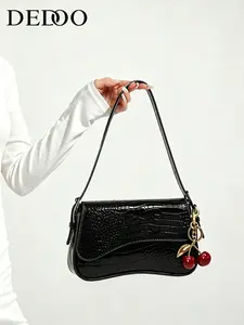 Black Crocodile Pattern Shoulder Bag for Women, PU Leather Crossbody Purse with Cherry Charm, Women Handbag Underarm Bag