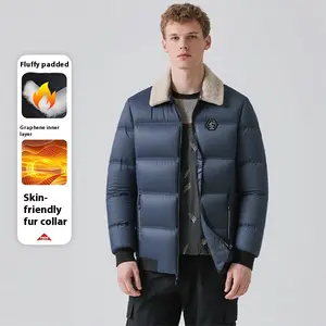 Men's Navy Blue Cotton Jacket - Fluffy Filling, Graphene Lining, Skin-Friendly Fur Collar for Ultimate Comfort