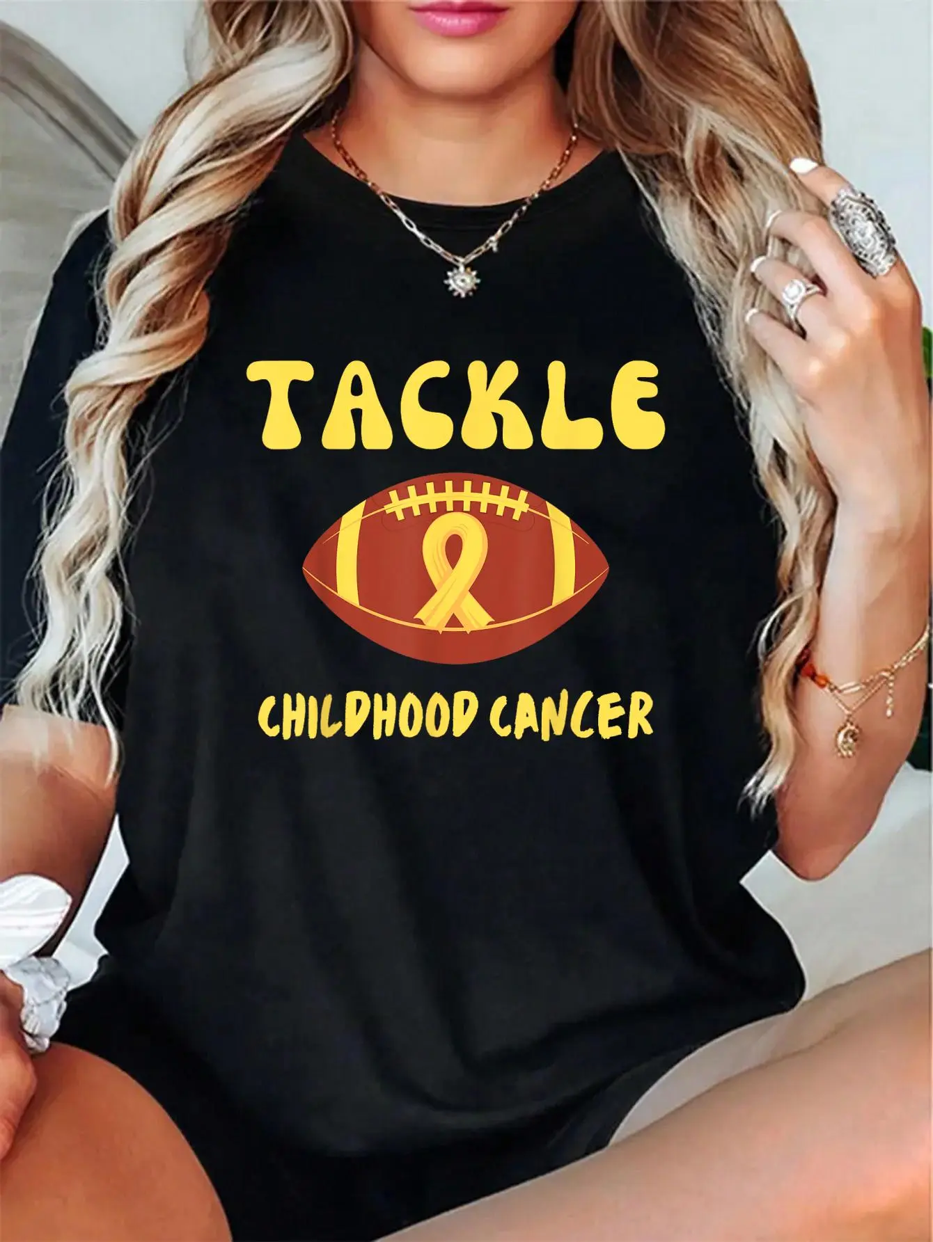 Women's Retro Football Print T-Shirt - 100% Cotton, Unisex Youth Fit, Pediatric Cancer Awareness Top with Gold Ribbon, Casual Round Neck, Breathable, Love-Check Design
