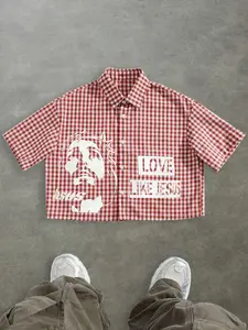 Men's Loose Fit Graphic Letter Print Plaid Checkerboard Short Sleeve Shirt, Street Style Casual Top, Versatile Men's Clothing for Everyday Wear