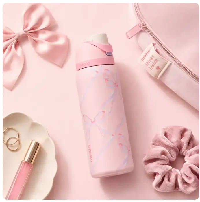 Owala FreeSip 32oz Stainless Steel Water Bottle, Limited Edition Pink Bow Print, Insulated Reusable Bottle with Straw Lid for School, Work, Gym, Travel & Gifts