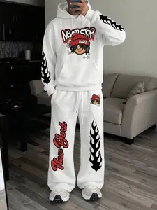 Men's Cartoon Flame Hoodie and Pants Set, Oversized Streetwear, Fall Warm Leisure, Never Stop Print, New York Wide Leg Pants