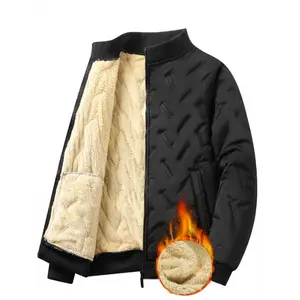 1pc Men'S Casual Winter Jacket, 100% Polyester Ultrasonic Fleece Lined Stand Collar Zip-Up with Pockets, Non-Stretch Solid Color Regular Sleeve Pleated Hem, Woven Coat for Going Out  Menswear Tops  Fabric Motocross Beige Black Plain umbrella  hat Women's