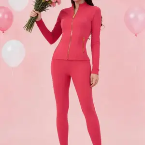 Soft Brushed Women's Sporty Jacket, 25'' Inseam Leggings. Golden Zipper Jacket with Pockets, Yoga Pants, Thumbholes Design, Casual Wear for Women