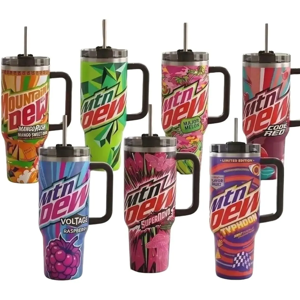 Mtn Dew 40oz Tumbler With Handle, Colorful Soda Flavor Graphic Insulated Stainless Steel Travel Cup With Straw, Water Bottle, Daily Use