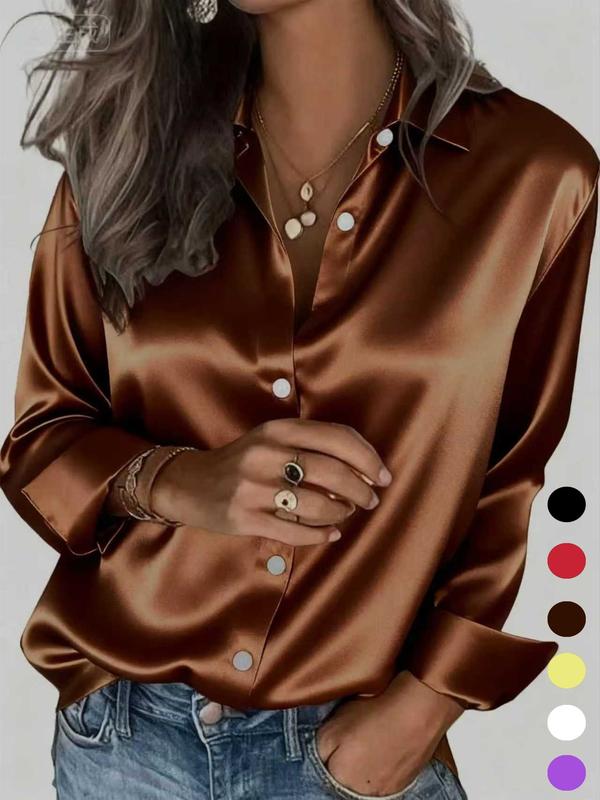 New Women's Clothing for All Seasons: Fashionable Light-Sensitive Satin, Casual and Versatile Button-Down Shirt Blouse